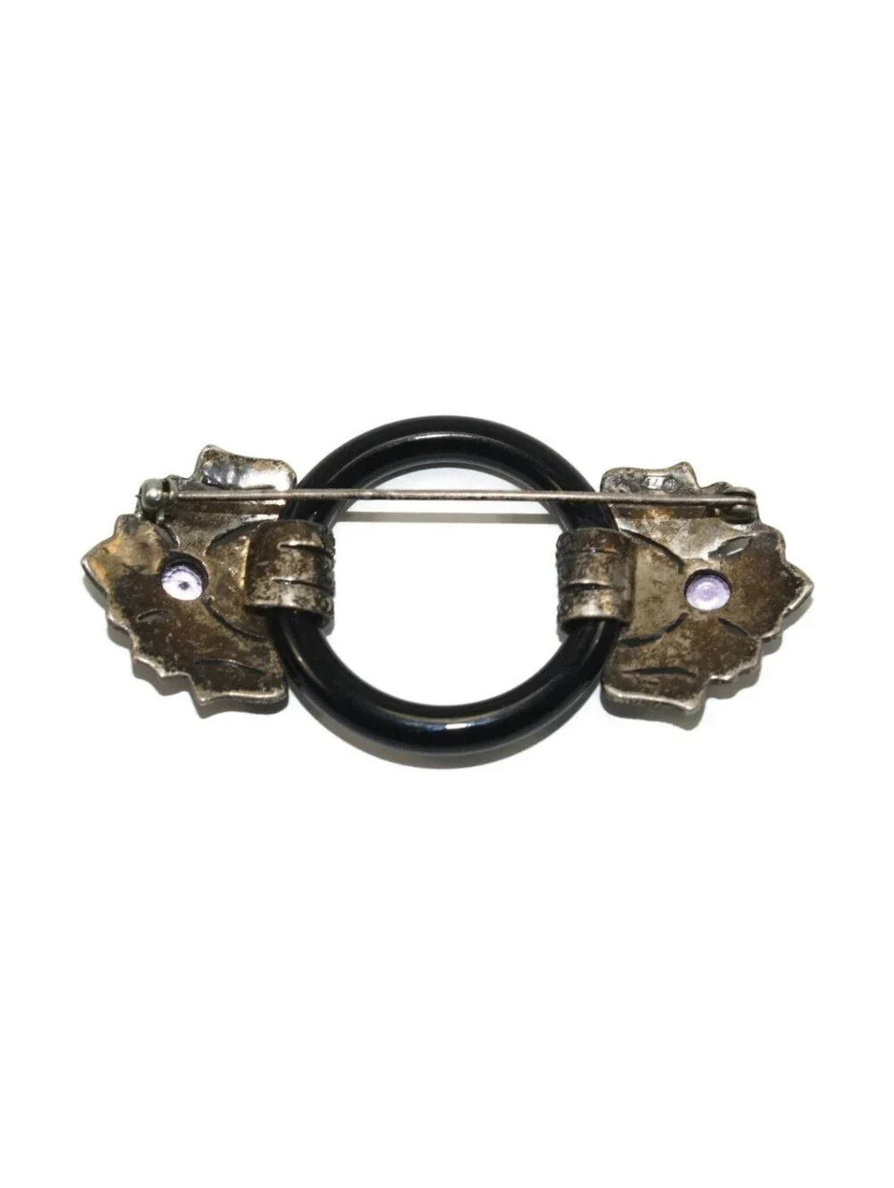 Art Deco Vintage Sterling Silver, Marcasite, Amethyst and Onyx Ring Brooch.